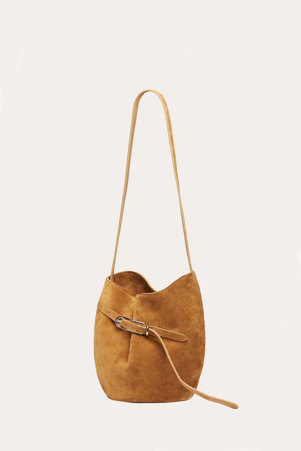 Belted Bucket Bag Beige Suede