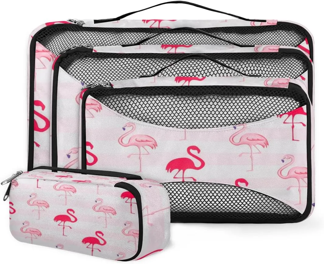 Bird Flamingo Patterned 4 Piece Packing Travel Organizer Cubes Set Mesh Fabric Ventilate Design Lightweight Travel Accessories 4 Sizes (Extra Large, Large, Medium, Small)