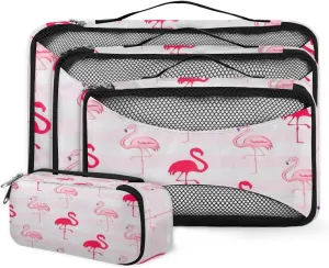 Bird Flamingo Patterned 4 Piece Packing Travel Organizer Cubes Set Mesh Fabric Ventilate Design Lightweight Travel Accessories 4 Sizes (Extra Large, Large, Medium, Small)