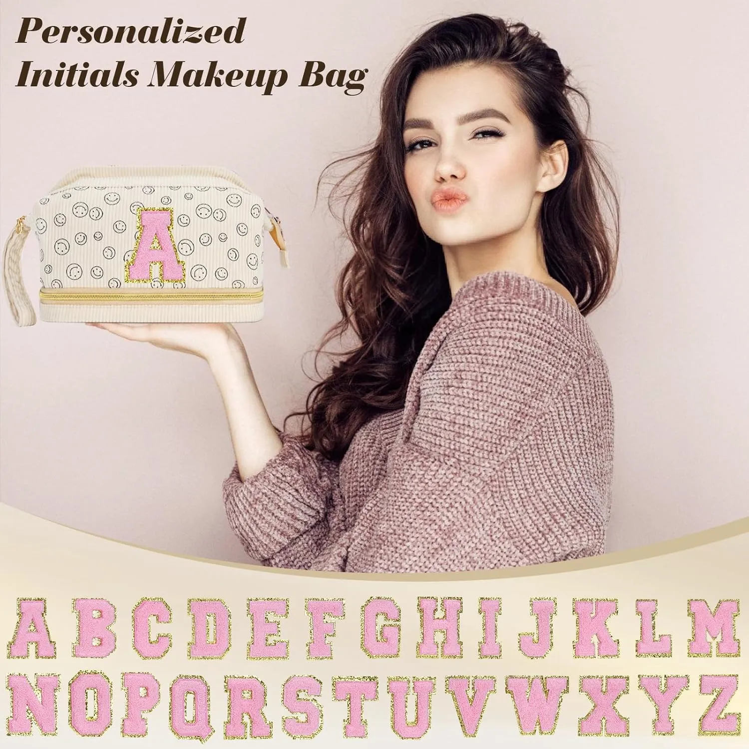 Birthday Gifts for Girls, Personalized Initial Make up Bag 18th Birthday Gifts for Girls Women, Travel Make up Bag Cosmetic Bag Preppy Stuff Bag for Her Mom Girlfriend Wife Teacher - P
