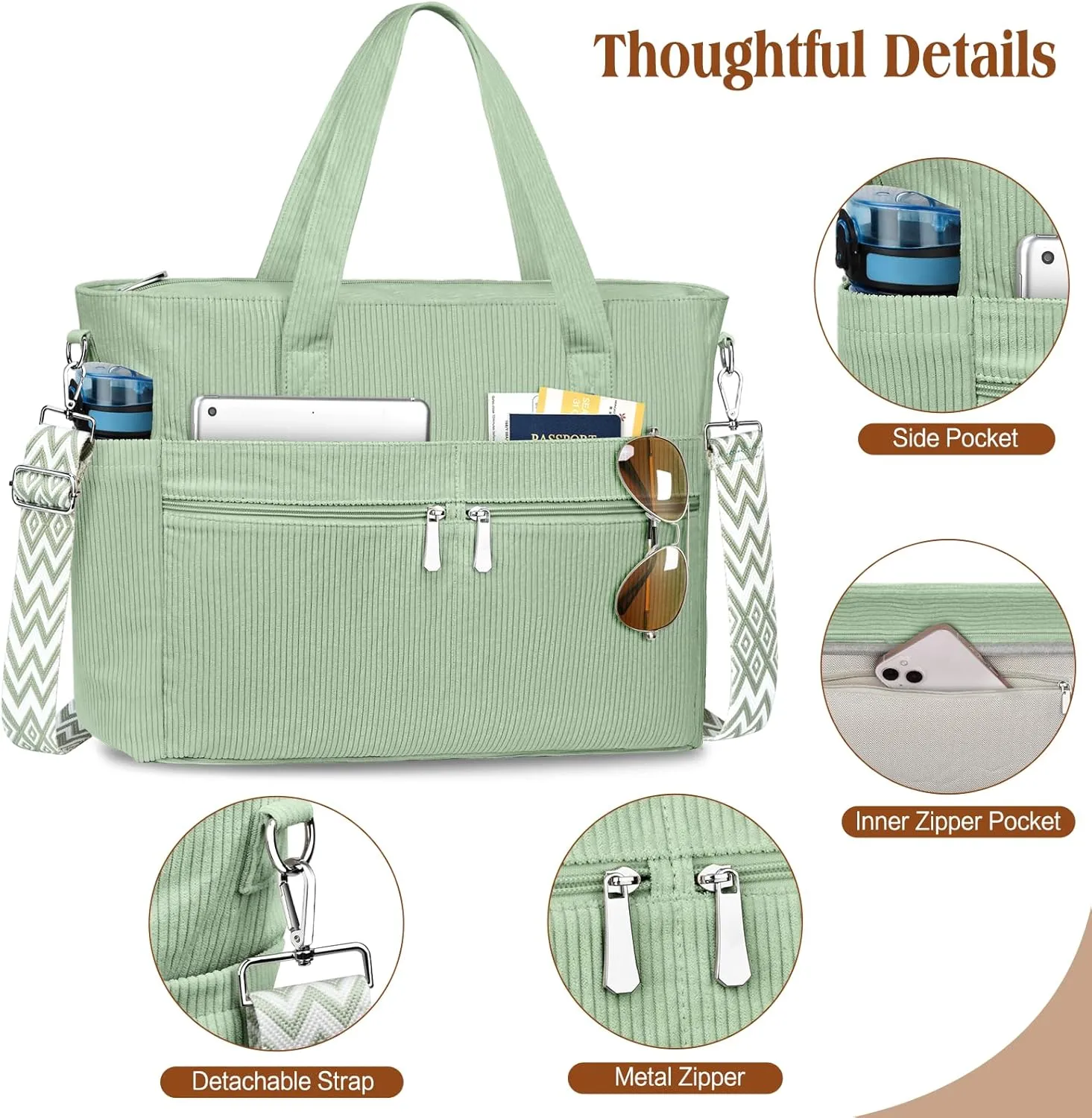 BKNOOU Large Corduroy Beach Tote Bag for Women Travel Carry on Weekender Bags Shoulder Handbag with Laptop Compartment