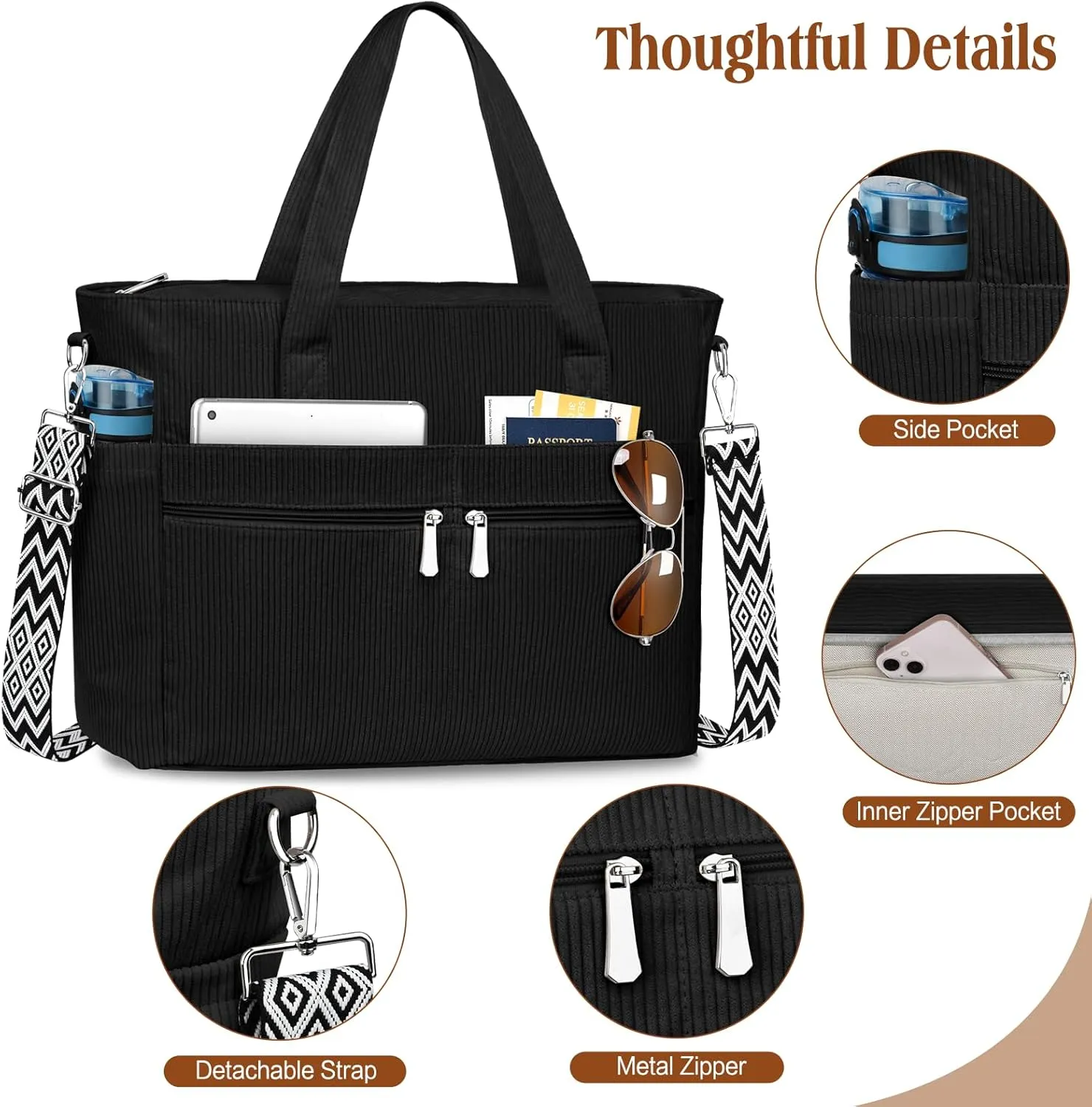 BKNOOU Large Corduroy Beach Tote Bag for Women Travel Carry on Weekender Bags Shoulder Handbag with Laptop Compartment
