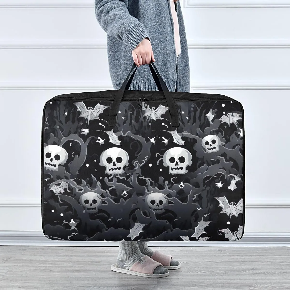 Black and White Halloween Storage Bag, 27.5x19.7x11 In, Extra Large Storage Duffle Bag with Zippers and Handles Space Saving Packing Totes for Moving Supplies Storage