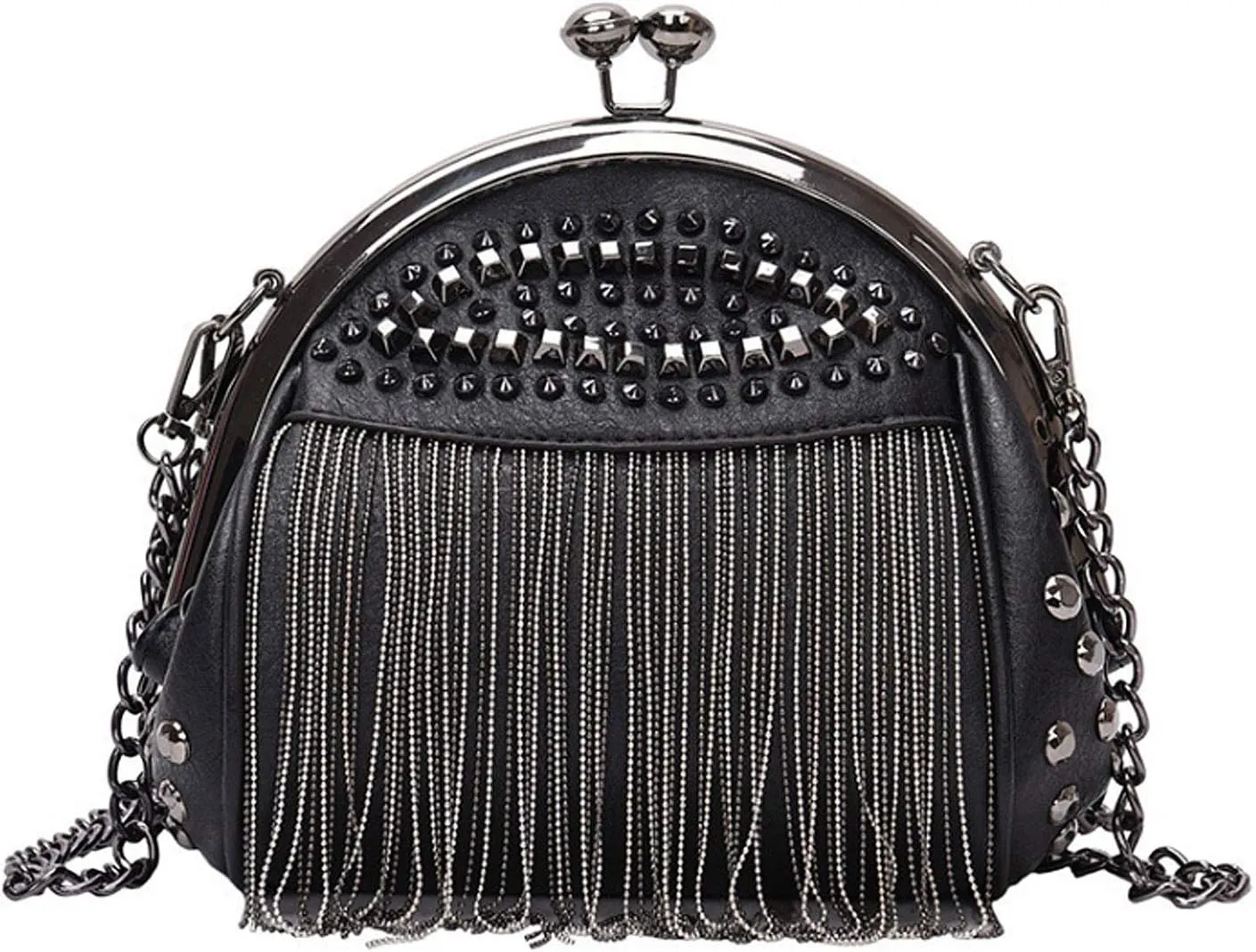 Black Hobo Fringe Shoulder Bag For Women Punk Style Crossbody Bags Rivet Tassel Evening Clutch Purse Fashion Handbag