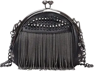 Black Hobo Fringe Shoulder Bag For Women Punk Style Crossbody Bags Rivet Tassel Evening Clutch Purse Fashion Handbag