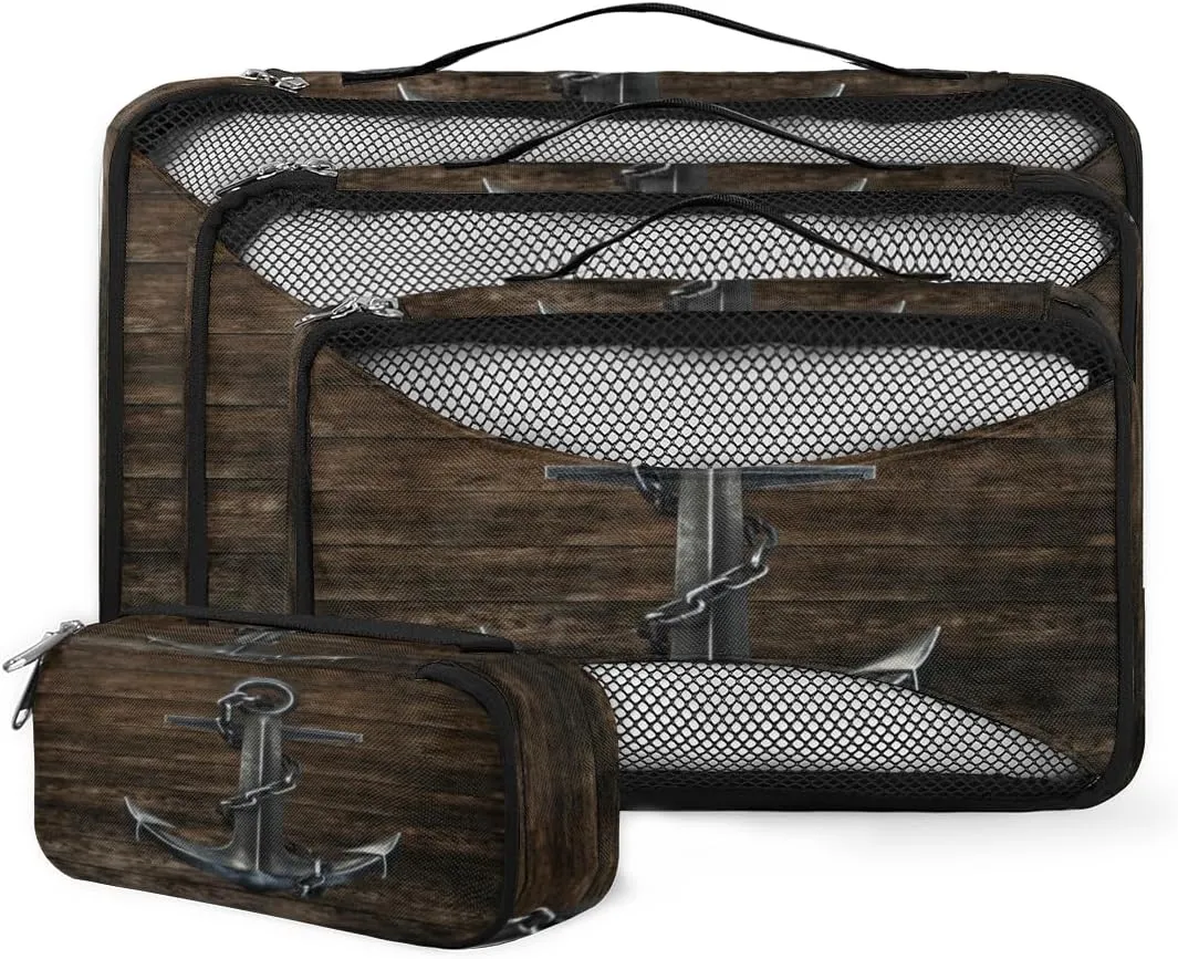 Black Iron Anchor Hardwood 4 Piece Packing Travel Organizer Cubes Set Mesh Fabric Ventilate Design Lightweight Travel Accessories 4 Sizes (Extra Large, Large, Medium, Small)
