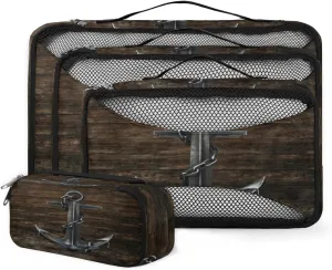 Black Iron Anchor Hardwood 4 Piece Packing Travel Organizer Cubes Set Mesh Fabric Ventilate Design Lightweight Travel Accessories 4 Sizes (Extra Large, Large, Medium, Small)