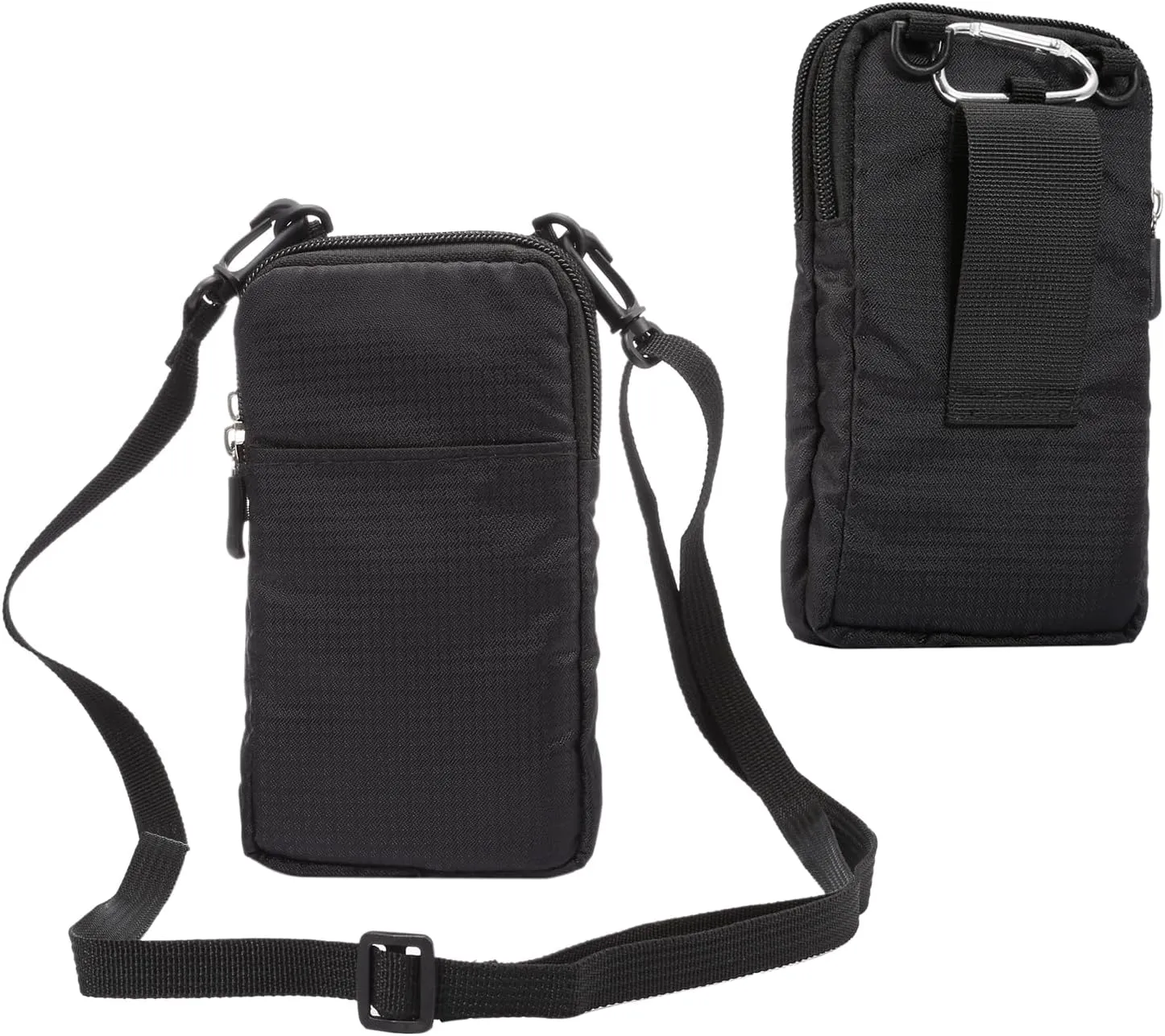 Black Shoulder Phone Bag, Cell Phone Belt Clip Pouch, 6.0" Ladies Men Travel Shoulder Messenger Crossbody Bag with Strap Zipper Waist Pocket Purse Wallet Belt Clip Holder with Carabiner Hook Handbag