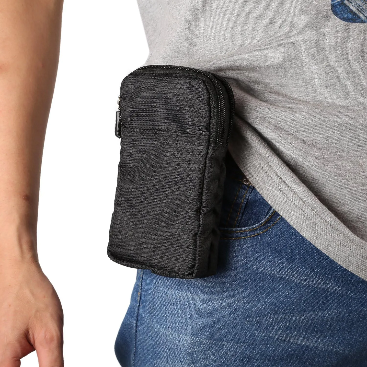 Black Shoulder Phone Bag, Cell Phone Belt Clip Pouch, 6.0" Ladies Men Travel Shoulder Messenger Crossbody Bag with Strap Zipper Waist Pocket Purse Wallet Belt Clip Holder with Carabiner Hook Handbag