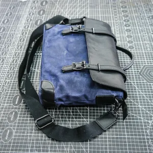 Black vegetable tanned blue waxed canvas men's and women's crossbody bag