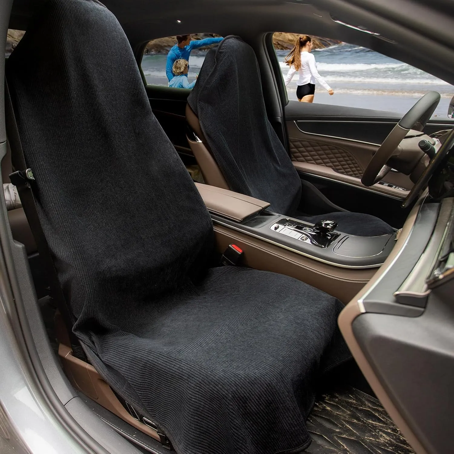 Black Waterproof Seat Covers for Cars - Machine Washable Car Seats Protectors Universal Fit for Vechicles Honda Tesla Ford Toyota - Sweatproof Auto Seats Pad Great for Beach Swimming Surfing