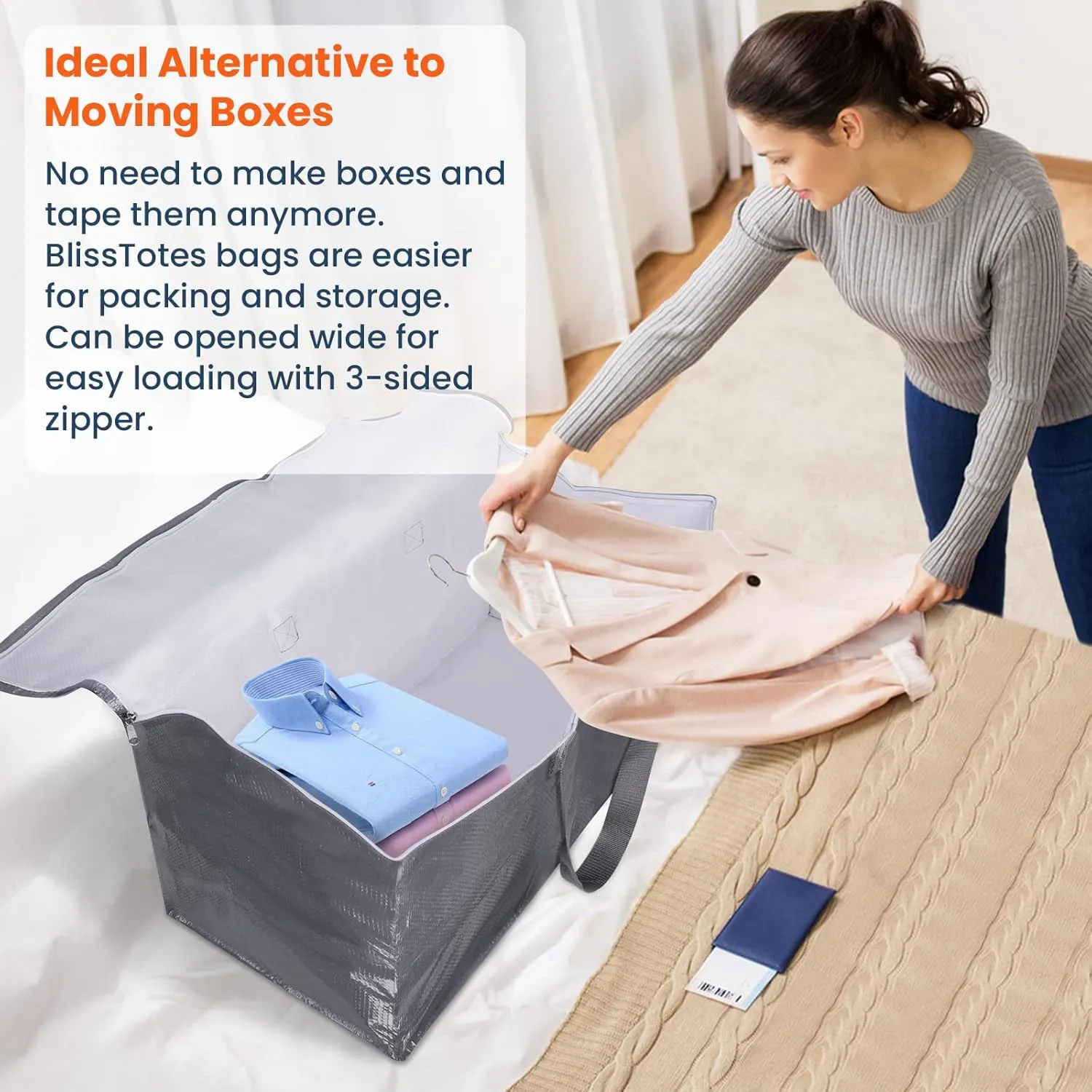 BlissTotes Large Moving Bags and with Zippers & Handles Moving Supplies with lids, Heavy Duty Totes for Storage Bags for Space Saving, Fold Flat, Moving and Storing, 93L, 10 Pack
