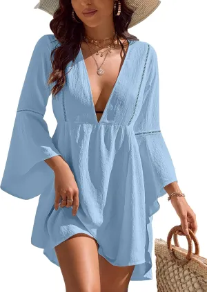 Blooming Jelly Womens Swimsuit Coverup V Neck Chiffon Bathing Suit Beach Dress Flowy Swim Bikini Cover Up