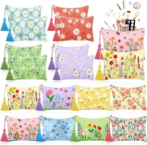 Blosssound 16 Pcs Flower Makeup Bags Bulk for Women Cosmetic Bags with Tassel Canvas Spring Retro Daisy Floral Travel Zipper Toiletry Coin Pouch Mother's Day Wedding Birthday Graduation Party Gift