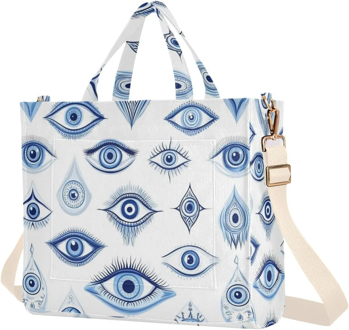Blue Evil Eyes Corduroy Tote Bag for Women Hobo Crossbody Bag Purse Stylish Shoulder Handbag Messenger Bags, S
