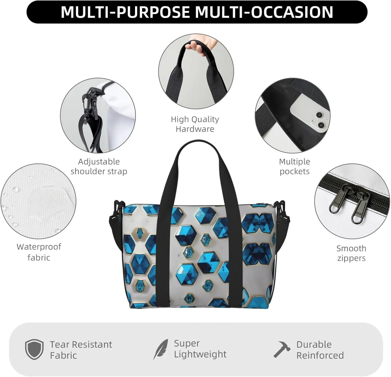 Blue Hexagons And Diamonds Travel Bags, Weekender Carry On For Women, Sports Gym Bag, Workout Duffel Bag,Overnight