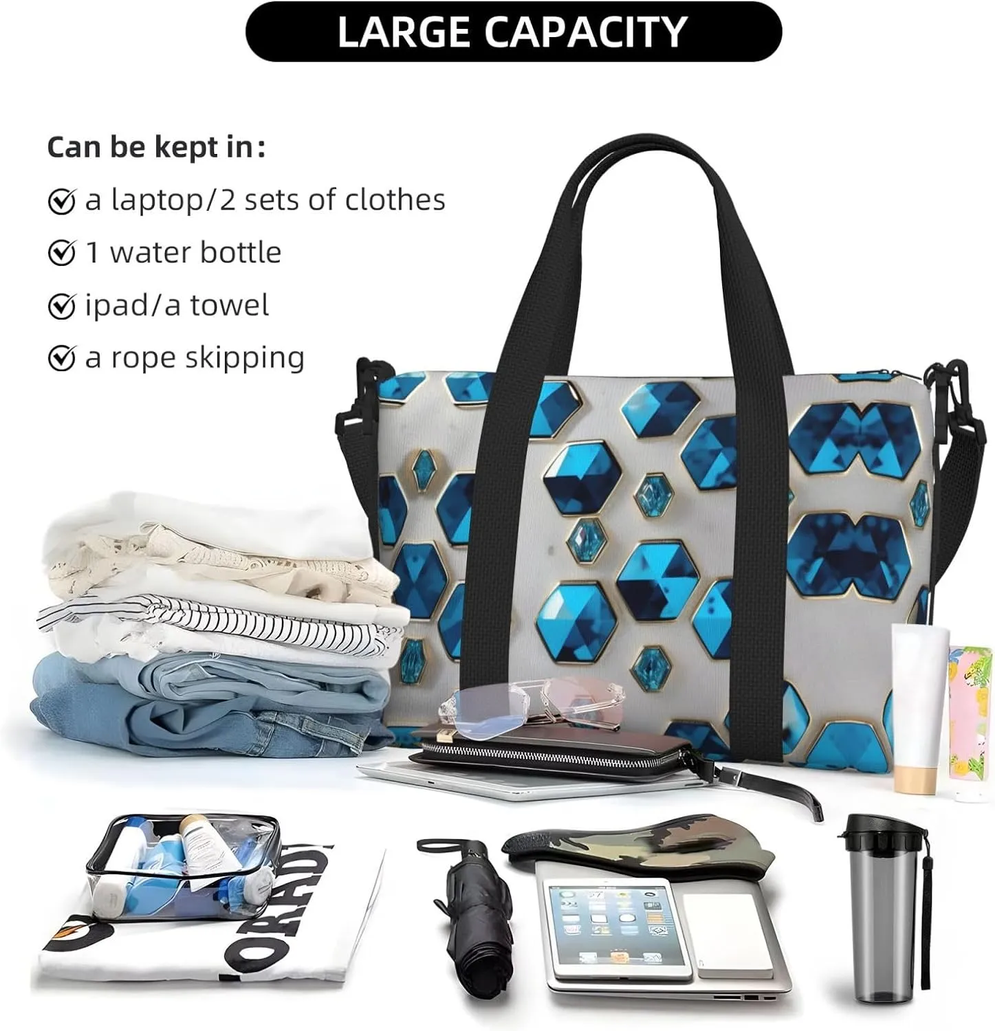 Blue Hexagons And Diamonds Travel Bags, Weekender Carry On For Women, Sports Gym Bag, Workout Duffel Bag,Overnight