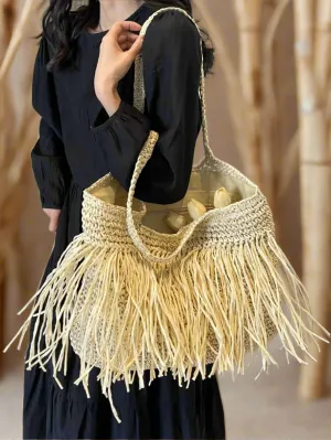 Bohemian Straw Fringe Hobo Handbag