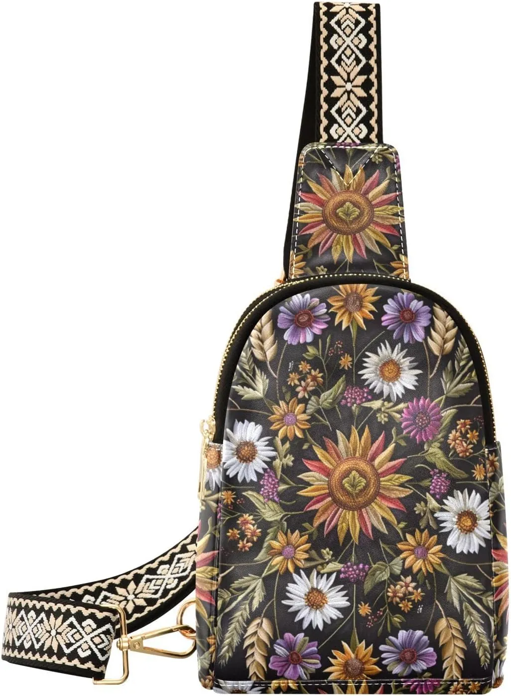 Boho Bag Small Sling Bag for Women Symmetrical Pattern Wildflowers Leather Crossbody Bags Chest Bag Waist Packs