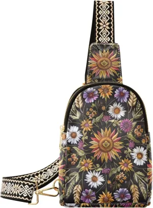 Boho Bag Small Sling Bag for Women Symmetrical Pattern Wildflowers Leather Crossbody Bags Chest Bag Waist Packs