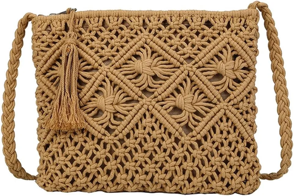 Boho Purses for Women Crossbody Bags, Hand Woven Cotton Rope Beach Tote Bag,Summer Beach Bags for Women Boho Purse with Tassel