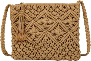Boho Purses for Women Crossbody Bags, Hand Woven Cotton Rope Beach Tote Bag,Summer Beach Bags for Women Boho Purse with Tassel