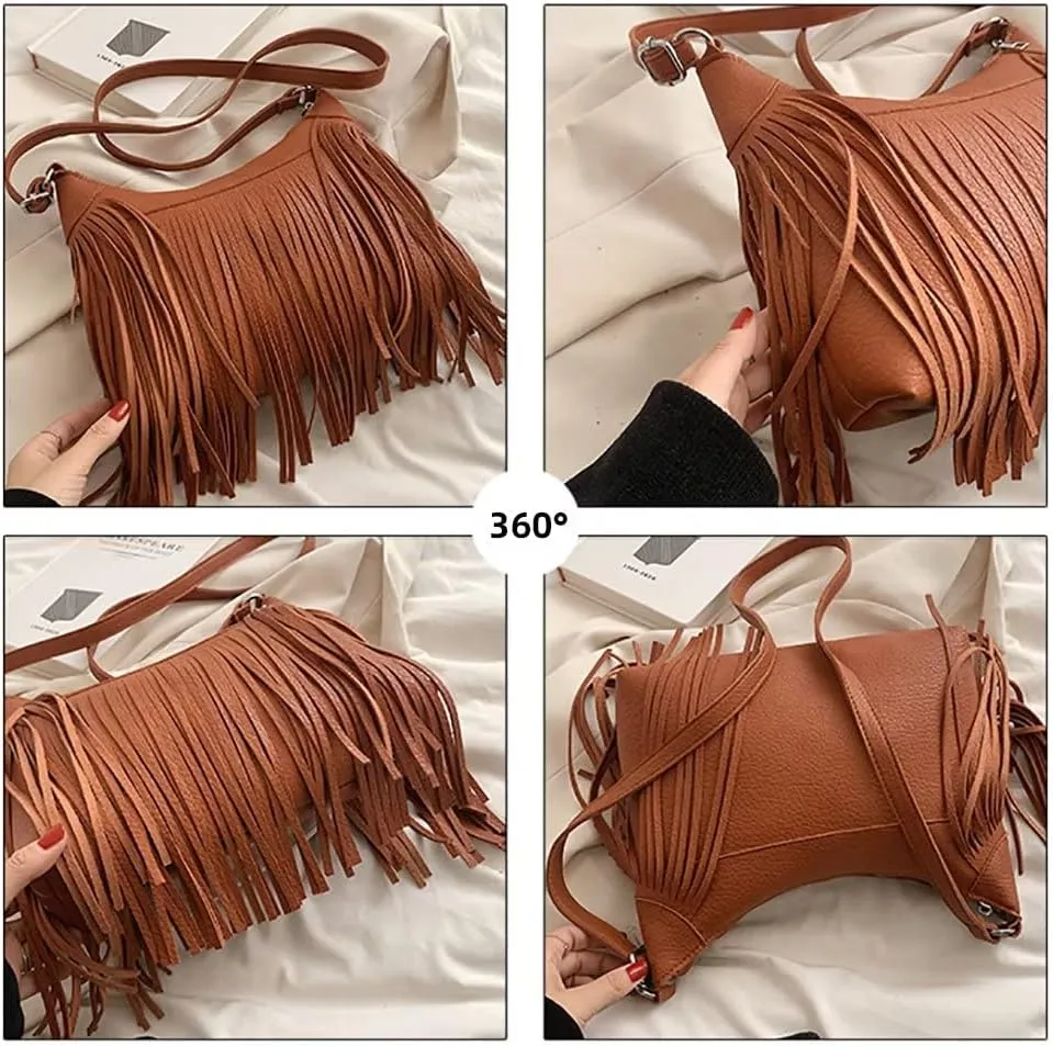 Boho Shoulder Bag for Women Leather Crossbody Bag with Tassel Vintage Fringe Hobo Handbag Designer Top Handle Purse