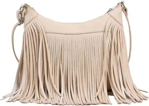 Boho Shoulder Bag for Women Leather Crossbody Bag with Tassel Vintage Fringe Hobo Handbag Designer Top Handle Purse