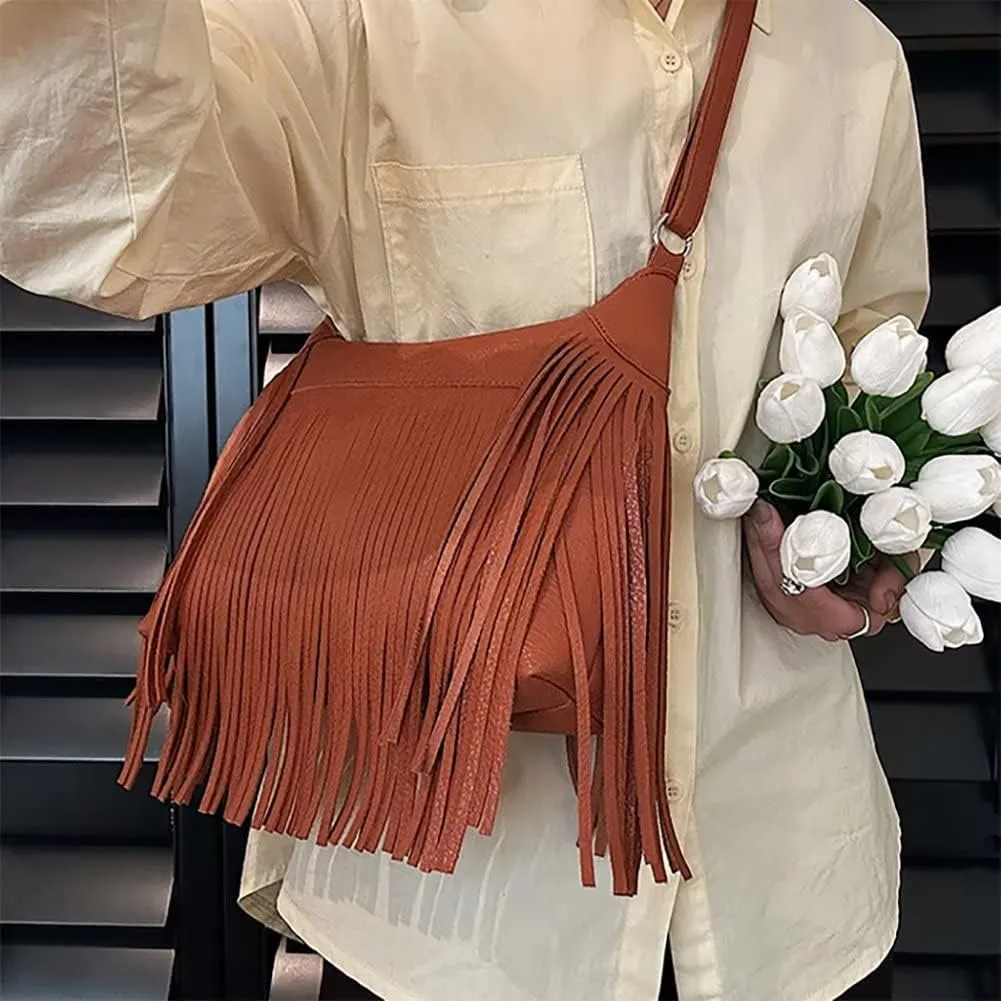 Boho Shoulder Bag for Women Leather Crossbody Bag with Tassel Vintage Fringe Hobo Handbag Designer Top Handle Purse