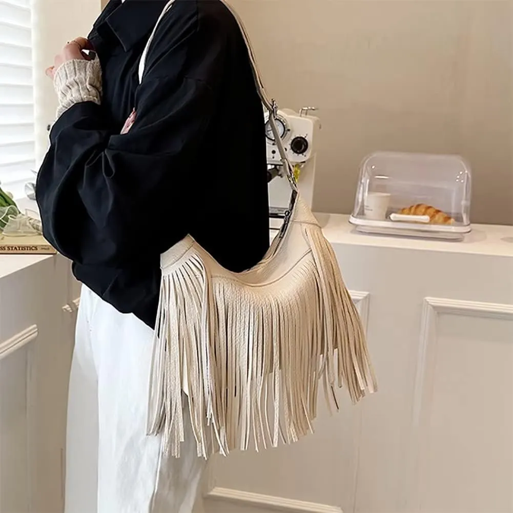 Boho Shoulder Bag for Women Leather Crossbody Bag with Tassel Vintage Fringe Hobo Handbag Designer Top Handle Purse