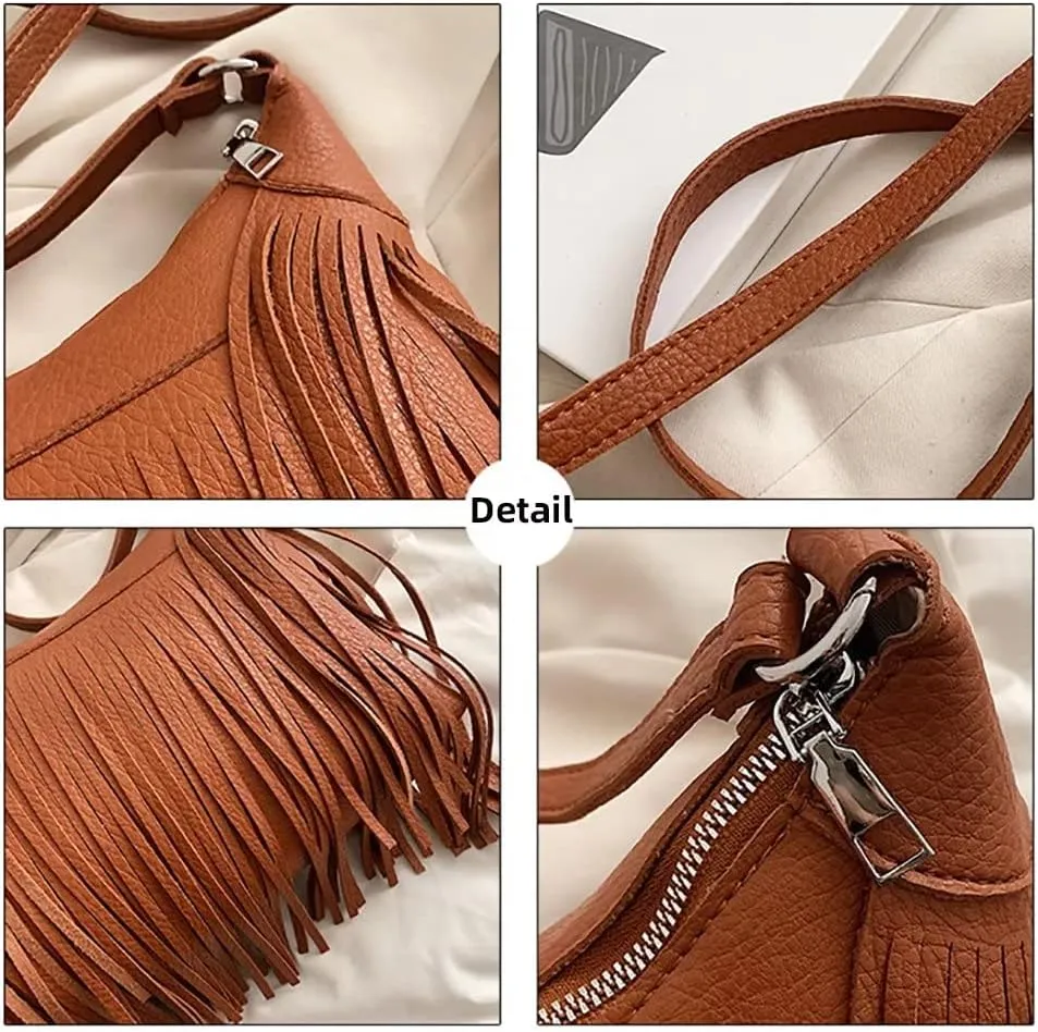 Boho Shoulder Bag for Women Leather Crossbody Bag with Tassel Vintage Fringe Hobo Handbag Designer Top Handle Purse