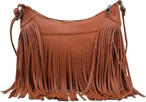Boho Shoulder Bag for Women Leather Crossbody Bag with Tassel Vintage Fringe Hobo Handbag Designer Top Handle Purse