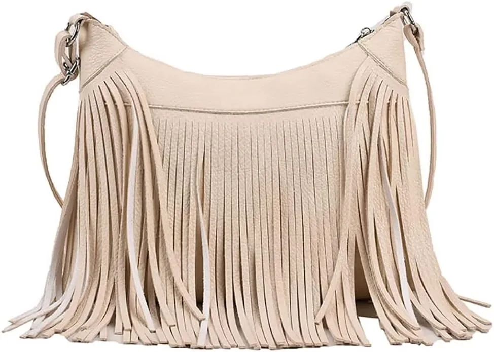 Boho Shoulder Bag for Women Leather Crossbody Bag with Tassel Vintage Fringe Hobo Handbag Designer Top Handle Purse