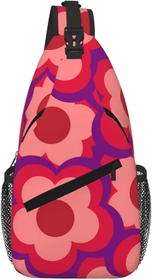 Bold Color Retro Hippie Flower Pattern Small Sling Bag For Women Men, Sling Backpack Chest Daypack Crossbody Bag