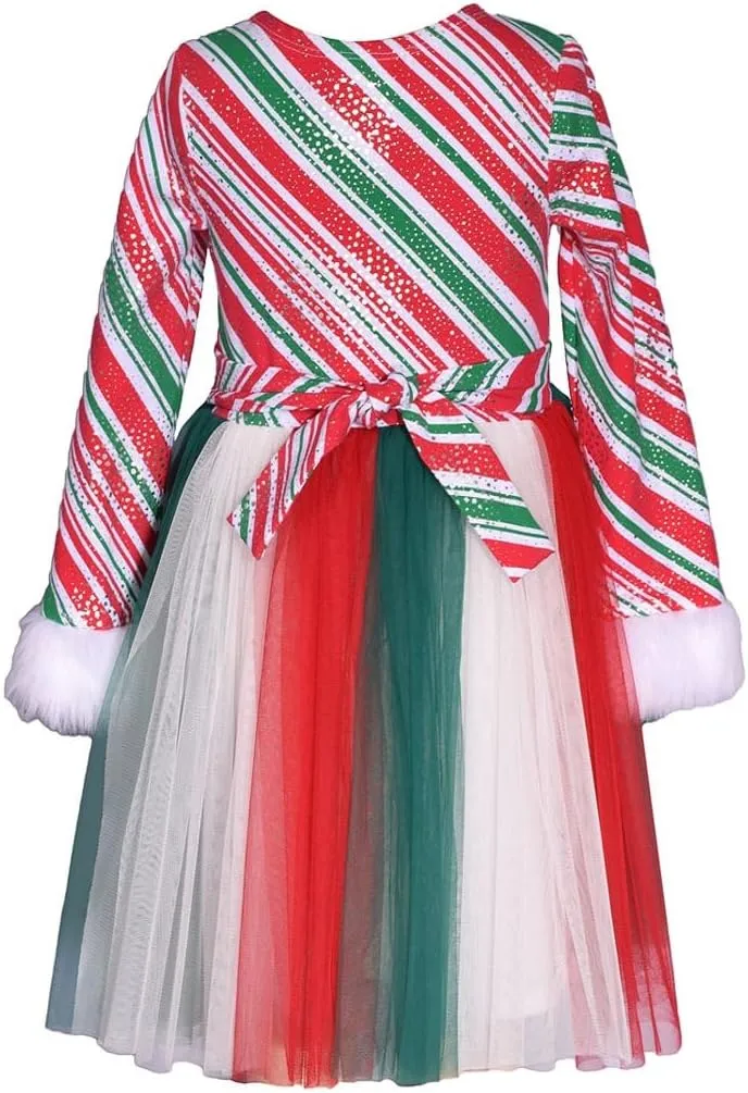 Bonnie Jean Girls 3M-16 Red Green Candy Cane Stripe Santa Christmas Dress