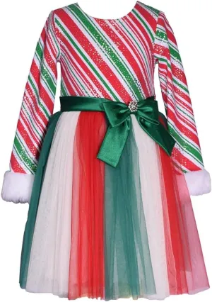 Bonnie Jean Girls 3M-16 Red Green Candy Cane Stripe Santa Christmas Dress