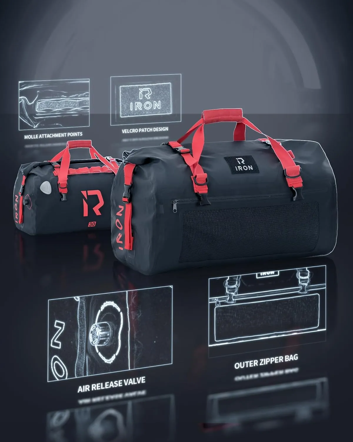 BORLENI Waterproof Motorcycle Dry Duffel Bag Luggage Tail Bag with Large Storage Space,Roll Top Closure, Shoulder Straps, Inner Pocket and Mesh Pocket for Motorcycling Travel Camping (Black,30L)
