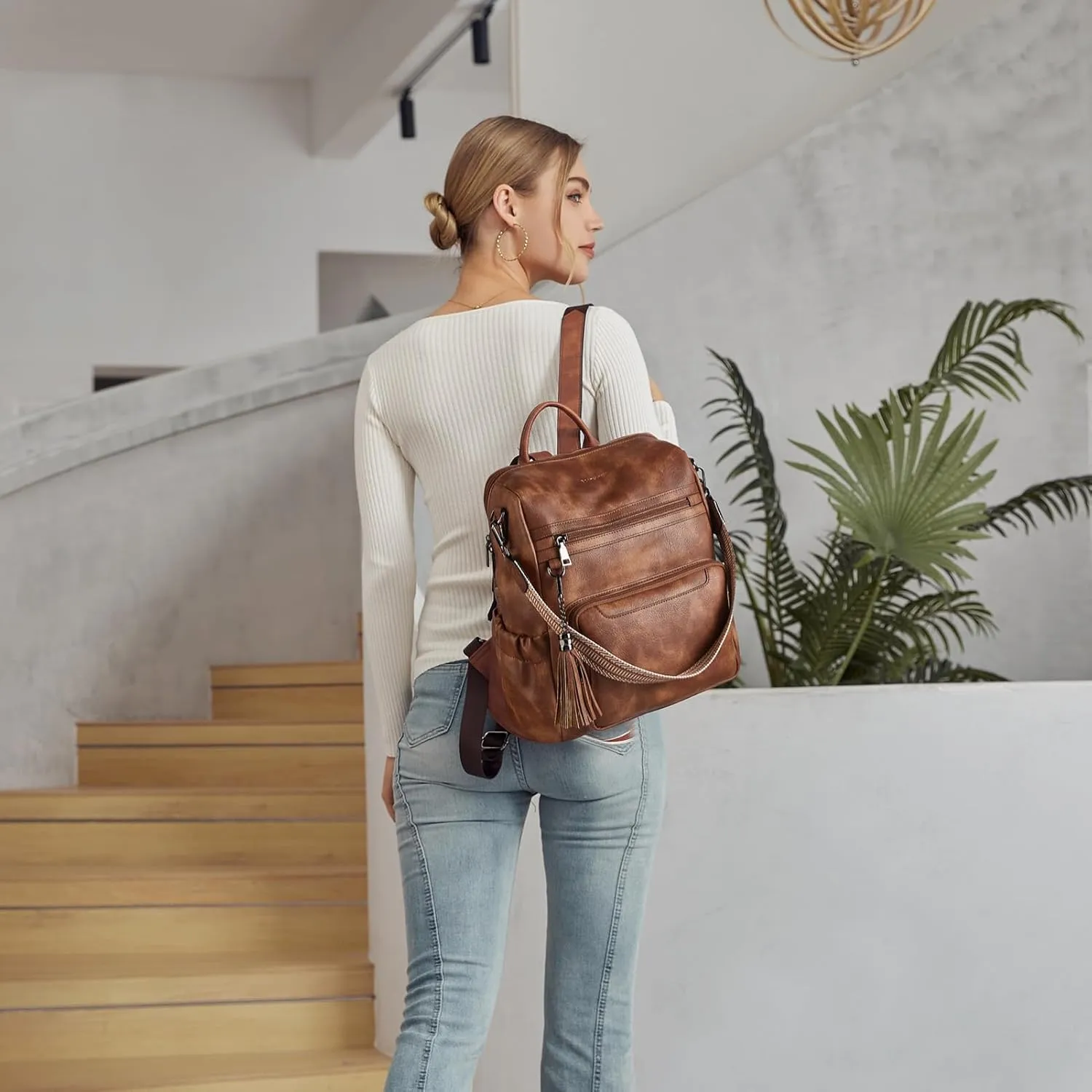 BOSTANTEN Womens Backpack Purse Leather Travel Backpack Fashion Designer Ladies Shoulder Bags with Wristlet