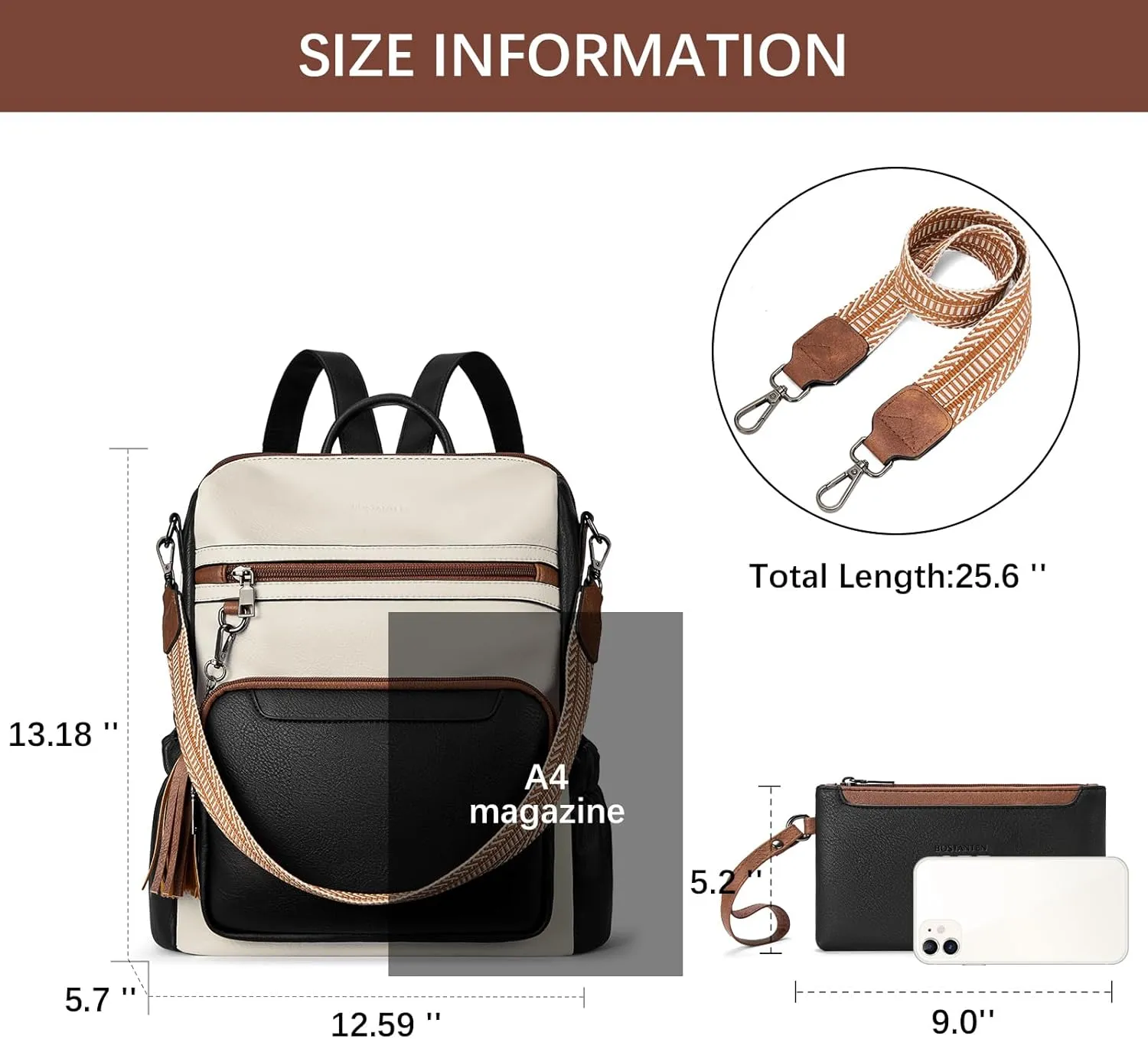 BOSTANTEN Womens Backpack Purse Leather Travel Backpack Fashion Designer Ladies Shoulder Bags with Wristlet