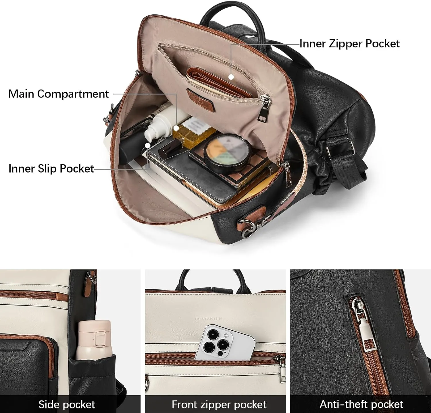 BOSTANTEN Womens Backpack Purse Leather Travel Backpack Fashion Designer Ladies Shoulder Bags with Wristlet