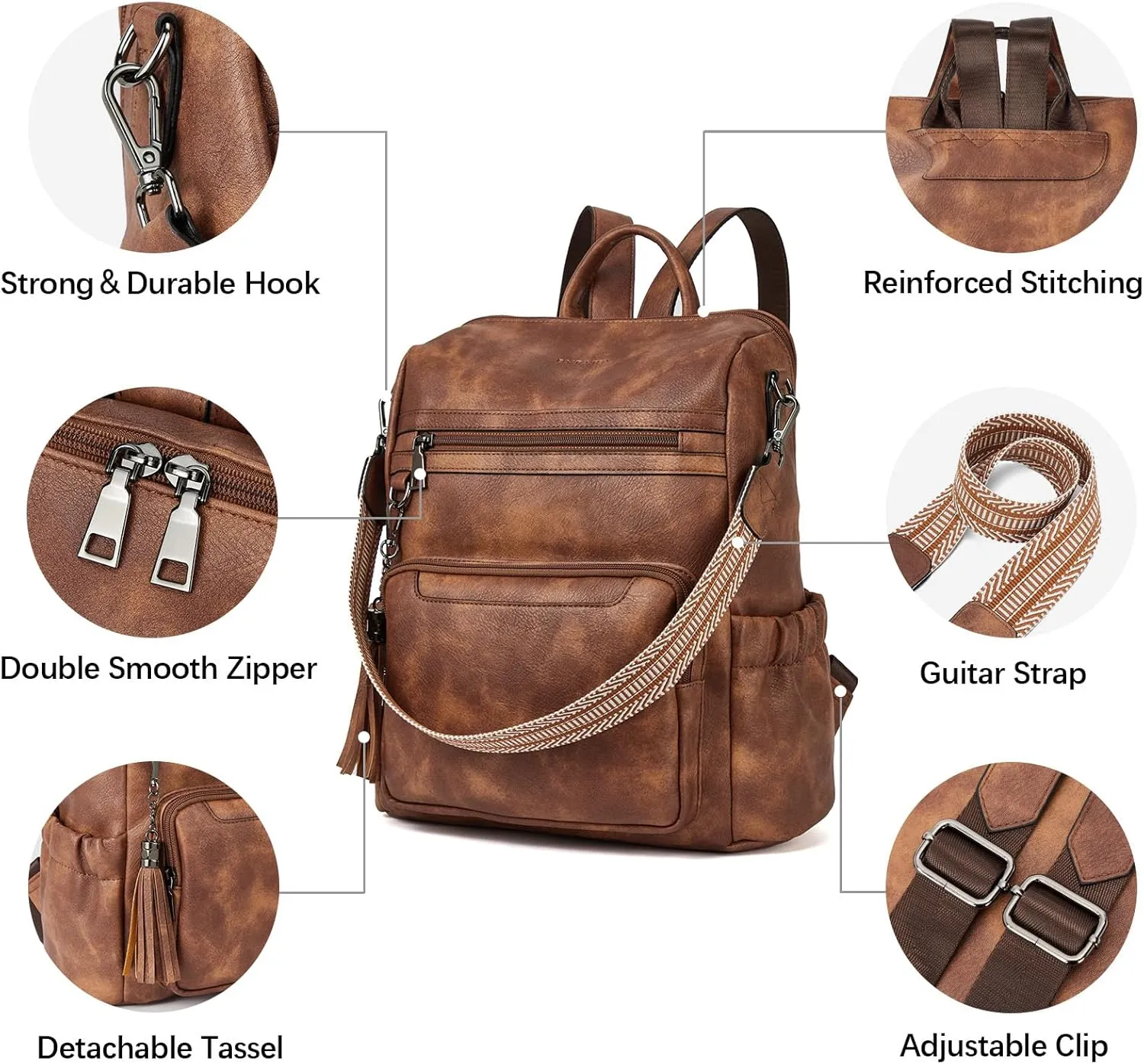 BOSTANTEN Womens Backpack Purse Leather Travel Backpack Fashion Designer Ladies Shoulder Bags with Wristlet