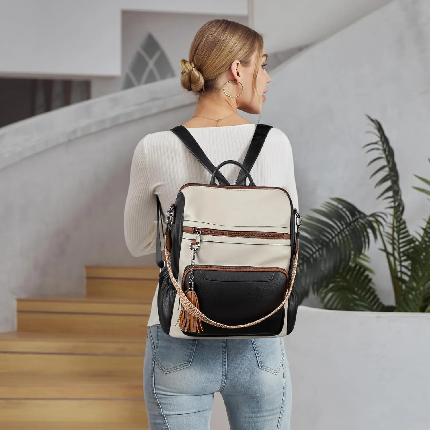 BOSTANTEN Womens Backpack Purse Leather Travel Backpack Fashion Designer Ladies Shoulder Bags with Wristlet