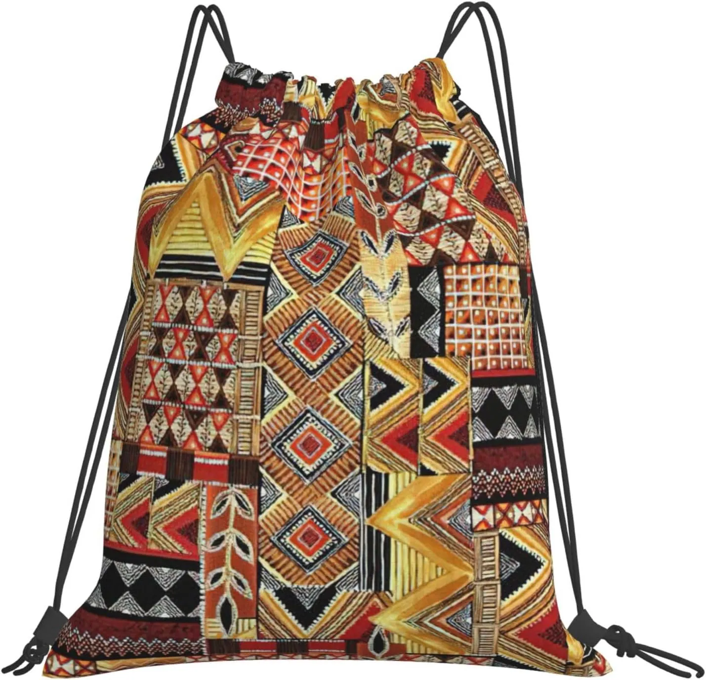 BREAUX African Textile Patchwork print Drawstring Shoulder Bag,Gym Bag,Outdoor Portable Shoulder Bag,Sports Yoga Bag, White