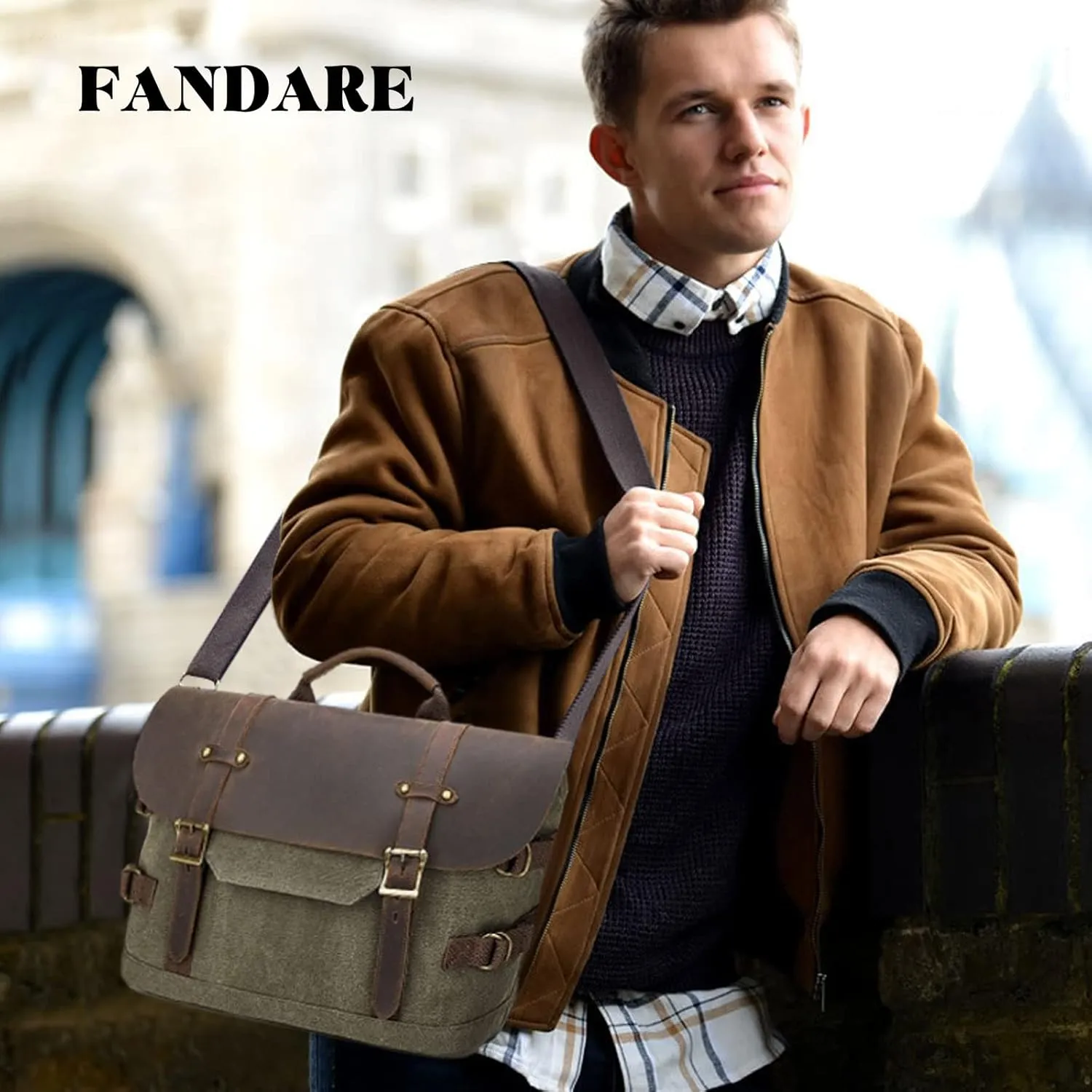 Briefcase for men Men's Messenger Bag Large Laptop Bag Waxed Canvas Briefcase Men's Shoulder Bags Laptop Work Document Bag for Work Travel Daily Use Multiple Pocket Green
