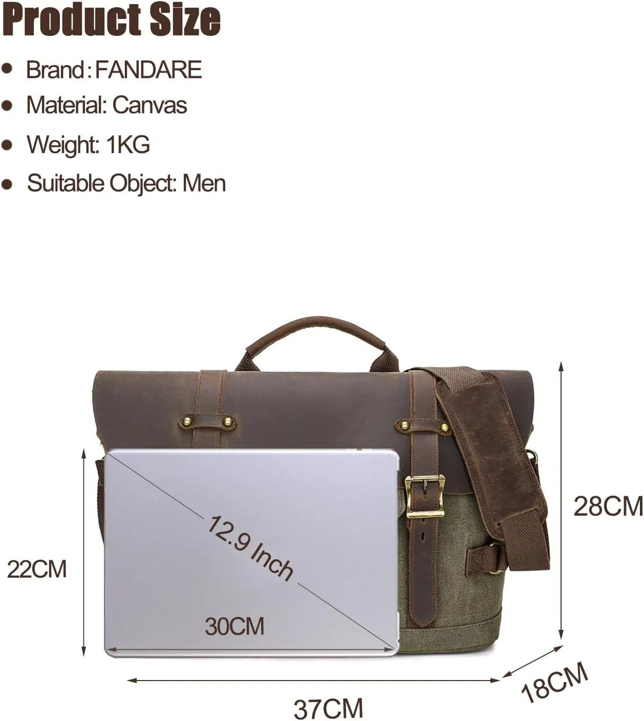 Briefcase for men Men's Messenger Bag Large Laptop Bag Waxed Canvas Briefcase Men's Shoulder Bags Laptop Work Document Bag for Work Travel Daily Use Multiple Pocket Green