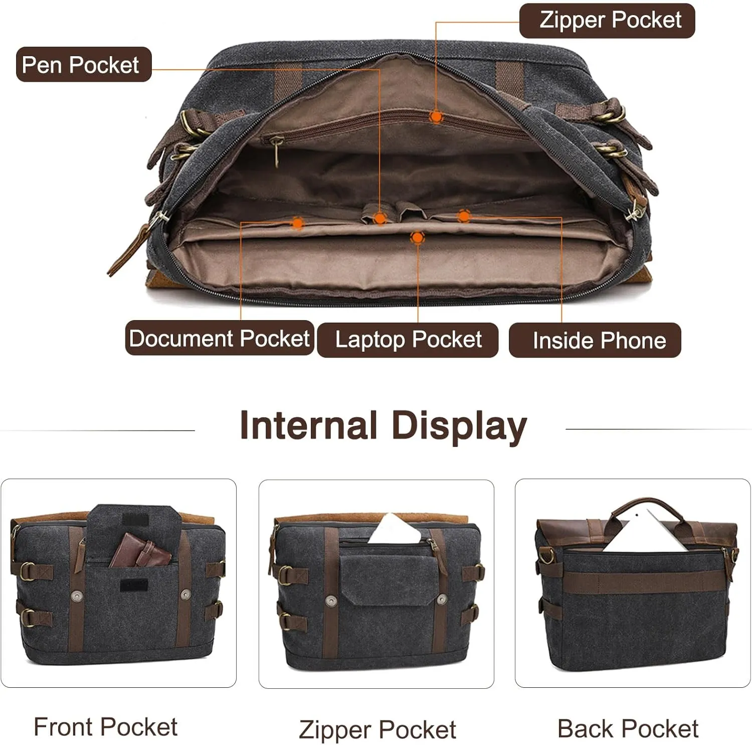 Briefcase for men Men's Messenger Bag Large Laptop Bag Waxed Canvas Briefcase Men's Shoulder Bags Laptop Work Document Bag for Work Travel Daily Use Multiple Pocket Green