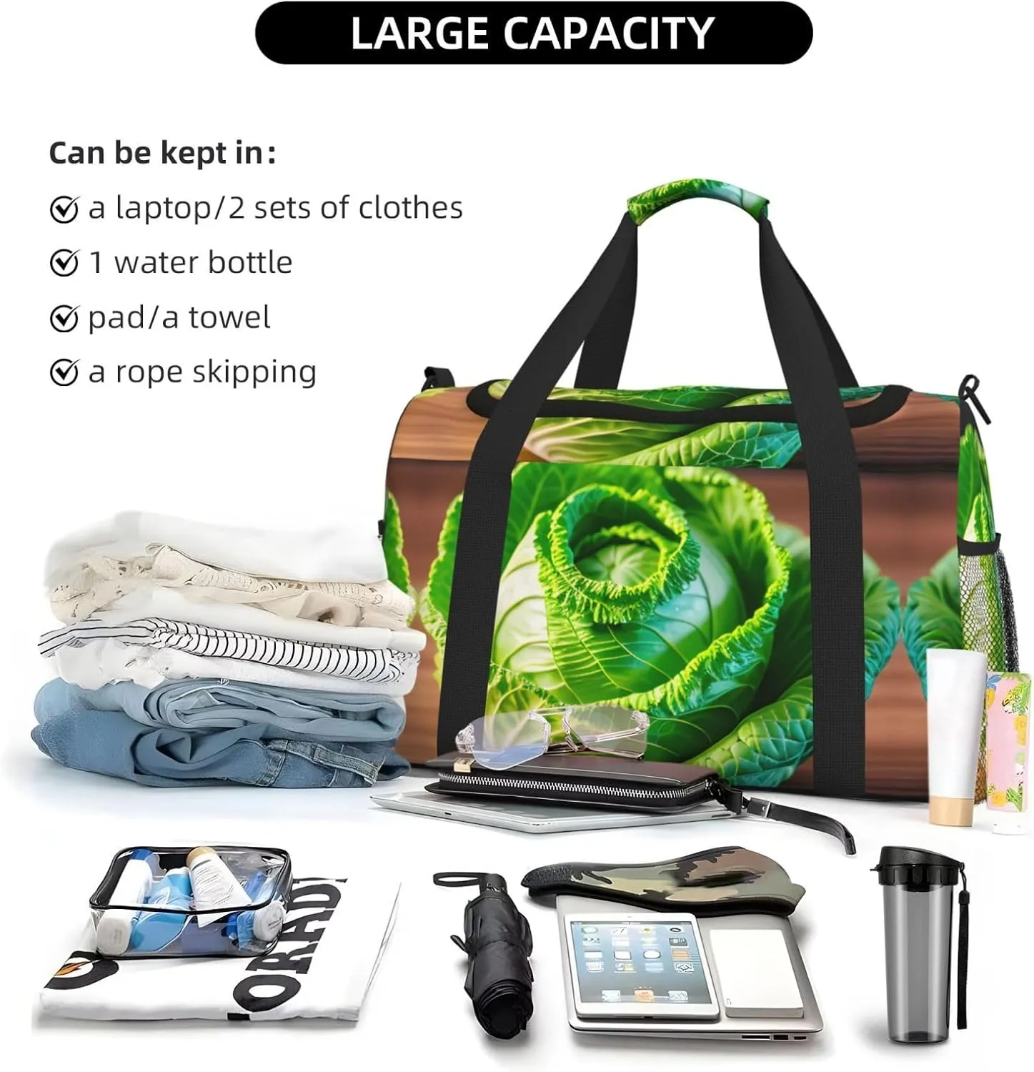 Bright Cabbage Travel Duffel Bag With Zippers And Handles, Big Foldable Duffle Bag For Family Vacations