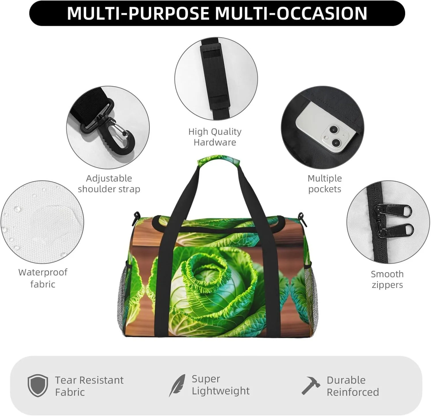 Bright Cabbage Travel Duffel Bag With Zippers And Handles, Big Foldable Duffle Bag For Family Vacations