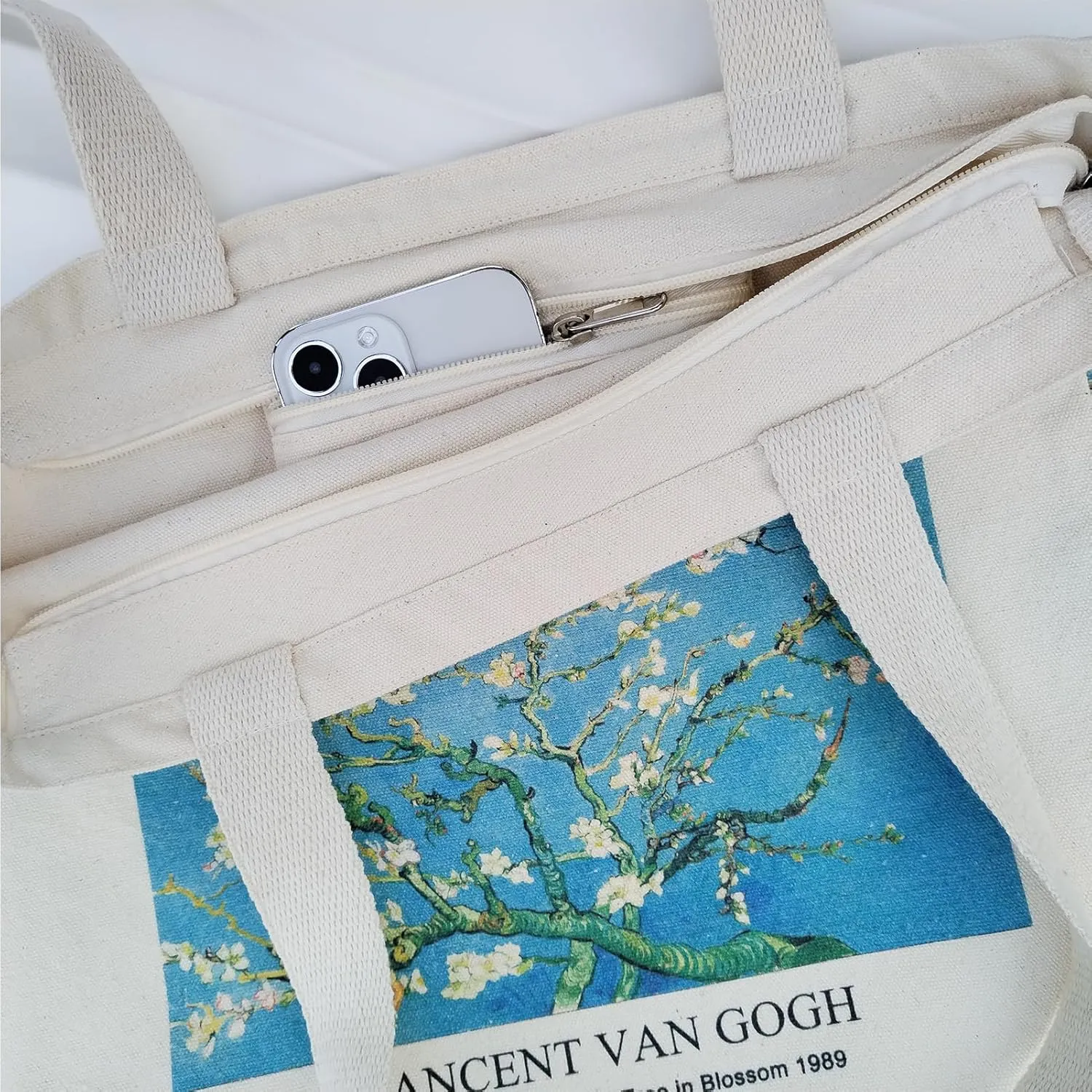 BROADREAM Canvas Tote Bag Aesthetic Shoulder Bag with Zippers and Interior Pocket