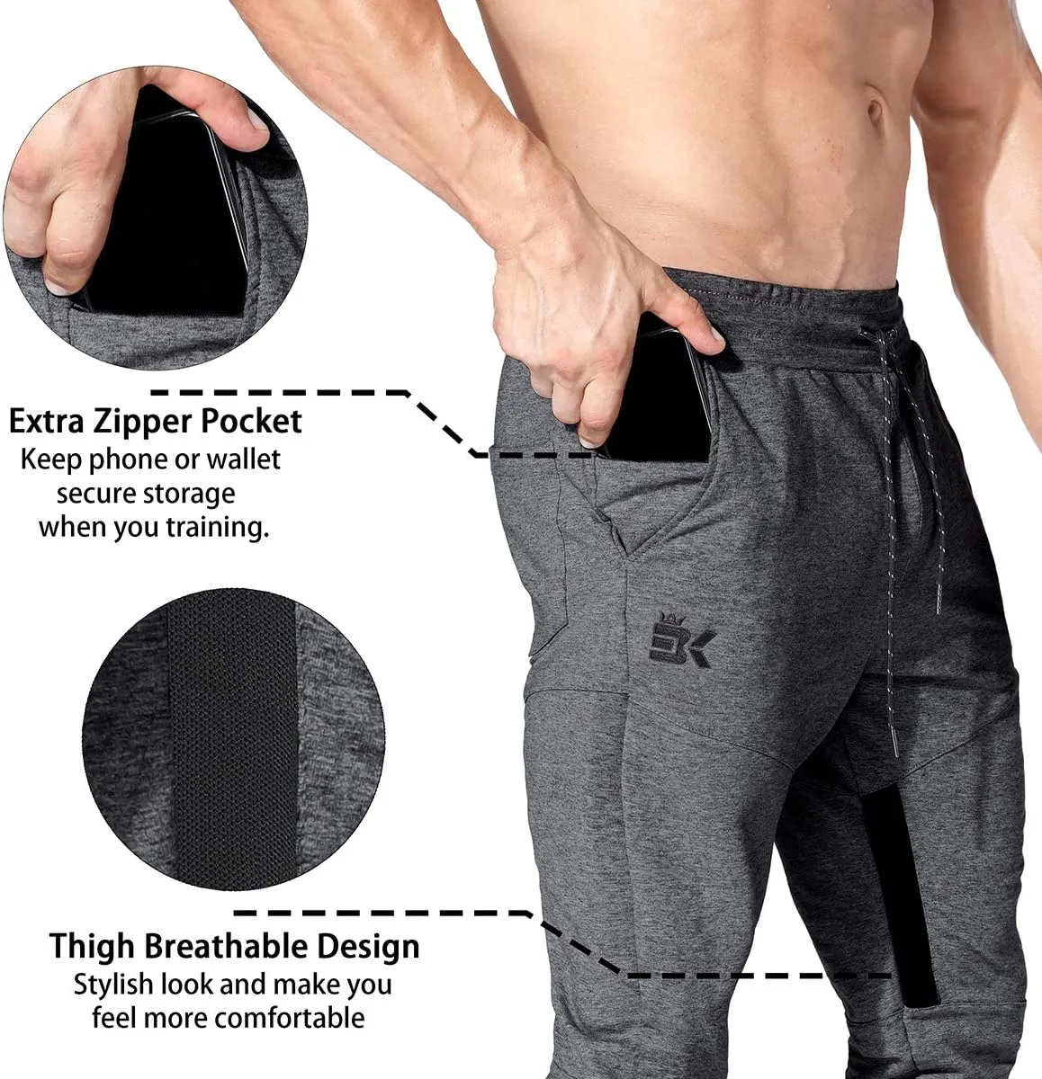 BROKIG Mens Gym Jogger Pants,Casual Slim Workout Sweatpants with Zipper Pockets Bodybuilding Athletic Pants